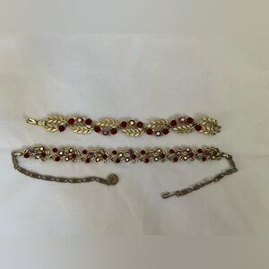 Lisner Vintage Gold Tone Red Glass Leaf Charm Chain Beaded Bracelet Necklace Set